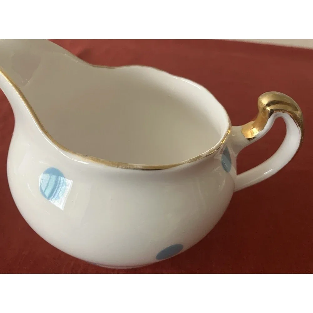 Vintage 1960s Royal Vale Bone China Blue & White Polka Dot Creamer Gold Trim